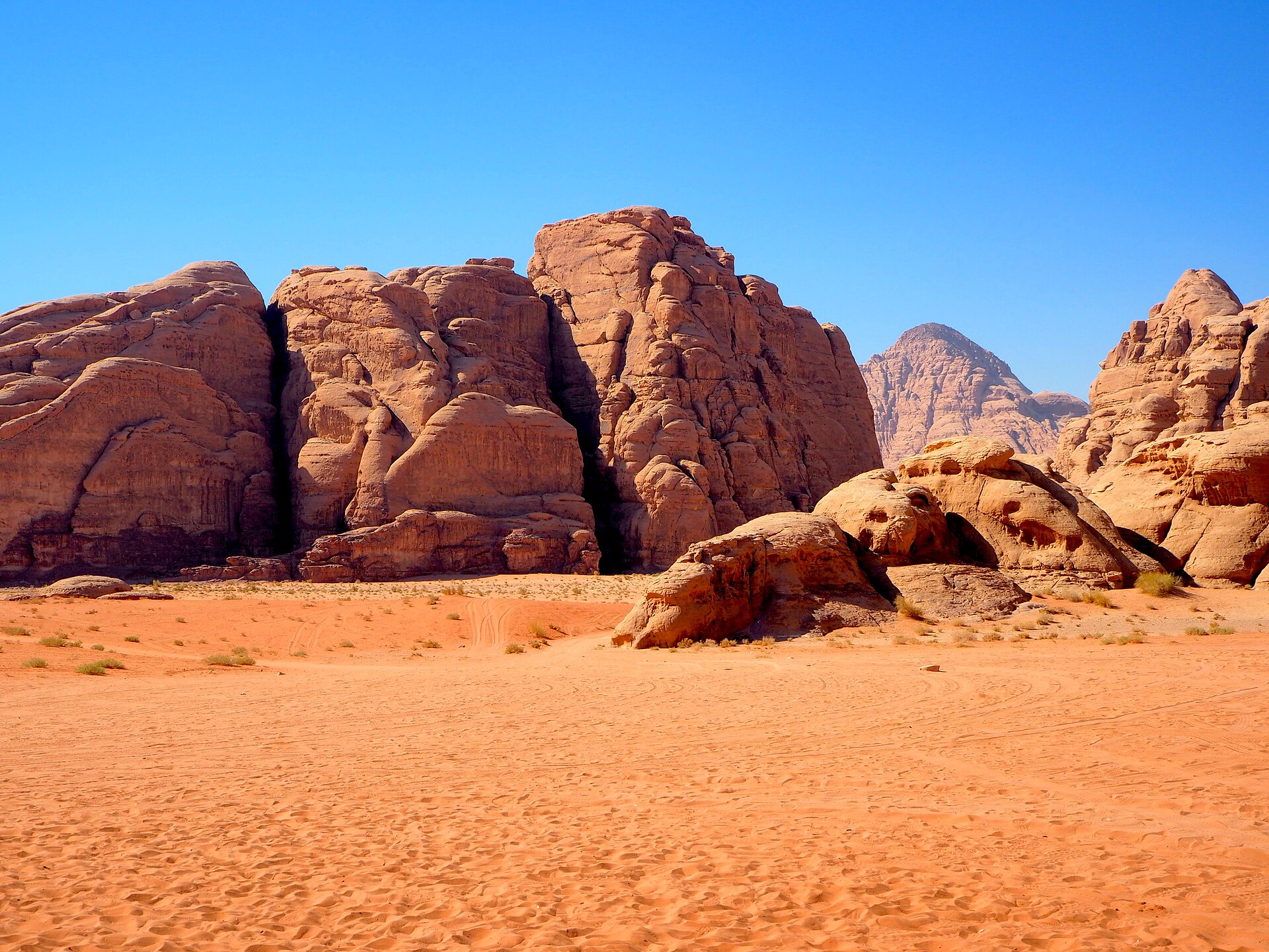 Red sand dunes and cliffs in Wadi Rum